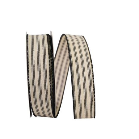 RELIANT RIBBON Reliant Ribbon 93424W-031-09H 10.5 in. 20 Yards Ticking Linen Stripe Wired Edge Ribbon; Black 93424W-031-09H